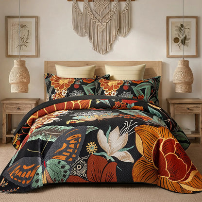 Boho Floral Quilt Set 3-Piece — Reversible Lightweight Bedspread with 2 Shams
